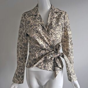 Jones New York wraparound Silk blouse, black and beige, long sleeve, size 10P